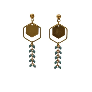 Boucles d’oreilles chevron | style géométrique | Double hexagone doré & vert