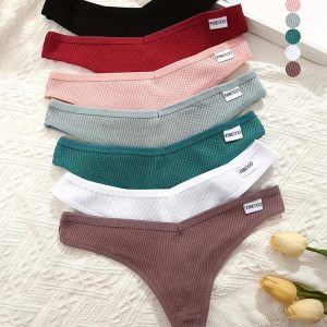 Lot de 5 Culottes G-string en Coton pour Femme - Modèle Waffle, Douces et Confortables, Taille S-XL, Culottes T-Back Bikinis Bassse Taille 2024