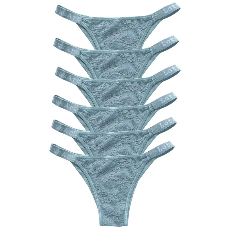 6 pièces Culottes String Femme Sport Respirant Taille Basse Sous-vêtements Lingerie Sexy Couleur Unie Dentelle G-String – Image 8