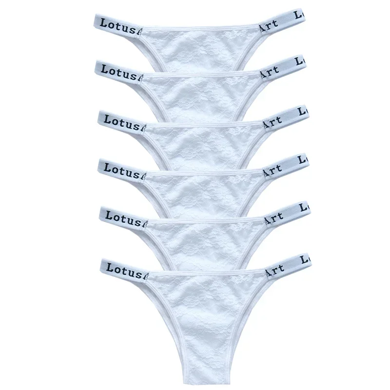 6 pièces Culottes String Femme Sport Respirant Taille Basse Sous-vêtements Lingerie Sexy Couleur Unie Dentelle G-String – Image 7