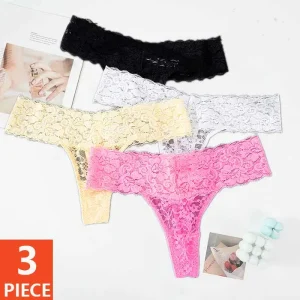 Lot de 3 Culottes Femme en Dentelle Florale - Culottes Sexy Transparentes, Taille Basse et Respirantes, String M-2XL