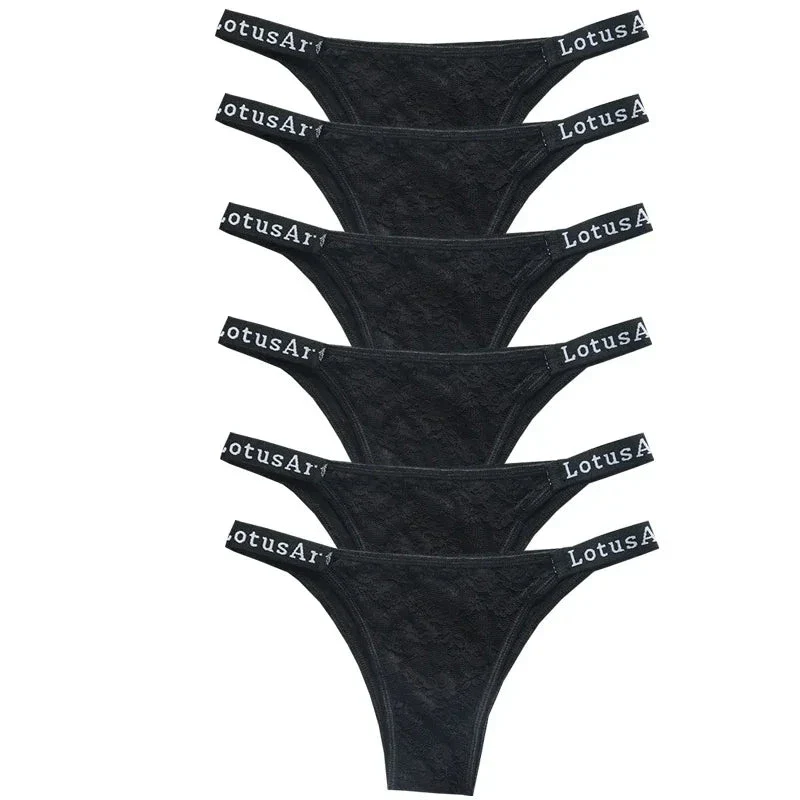 6 pièces Culottes String Femme Sport Respirant Taille Basse Sous-vêtements Lingerie Sexy Couleur Unie Dentelle G-String