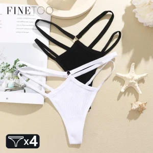 FINETOO 4 pièces sous-vêtements en coton à doubles ceintures fines pour femmes, string taille basse rayé, culottes unies, lingerie respirante