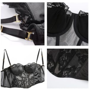 Ensemble de lingerie sexy en dentelle avec baleines longues, soutien-gorge fin, sous-vêtements, ensemble pour femme, style doux, camisoles sexy pour soirée ou vacances.