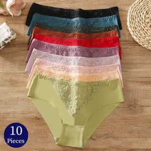 Set de 10 pièces de culottes pour femmes en dentelle exquise, sous-vêtements en satin de soie, confortables et respirants