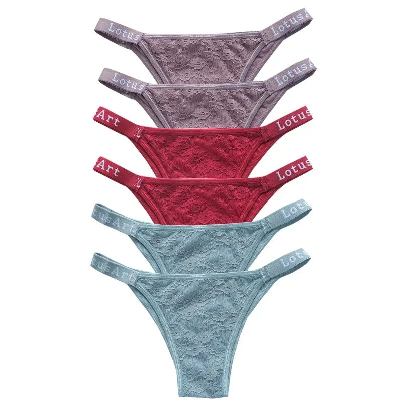 6 pièces Culottes String Femme Sport Respirant Taille Basse Sous-vêtements Lingerie Sexy Couleur Unie Dentelle G-String – Image 9