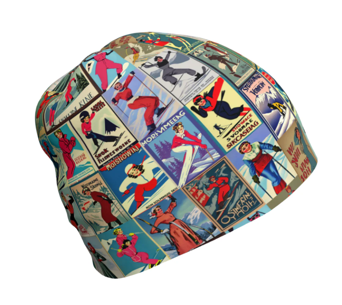 Bonnet avec art vintage unique en collage de ski pour femmes rouge