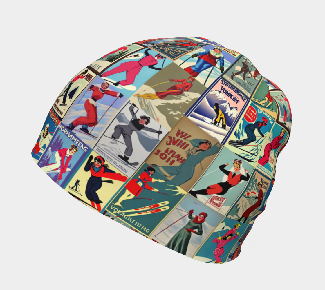 Bonnet avec art vintage unique en collage de ski pour femmes rouge – Image 3