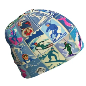 Bonnet avec un motif vintage unique en collage bleu pour femme Ski